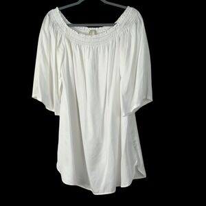 Forever 21 Women's Mini Dress White The Shoulder Smocked Neck 3/4 Sleeve Casual‎